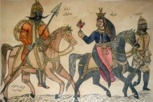 Retrato del siglo XIX que representa a Antara ibn Shaddad (izquierda) y su amante Abla (centro) montando a caballo. A la derecha, a pie, está el hermano de Antarah, Shayboub bin Shaddad.